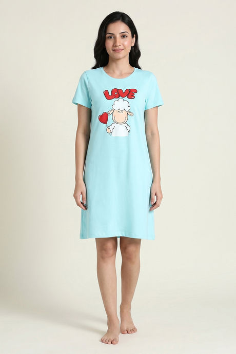 Zivame Farm Lore Knit Cotton Knee Length Nightdress - Tanger Turquoise — image 2